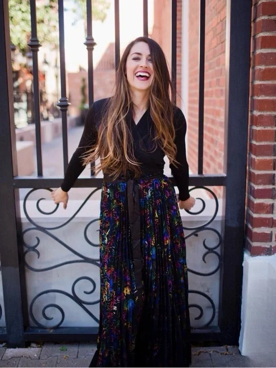 Formal Wrap Dress With Black Top & Pleated Rainbow Foil Maxi Skirt - Picture 2 of 7